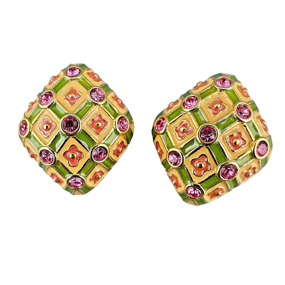 Vintage Joan Rivers Rhinestone Earrings Gold Tone Green Enamel Pink Crystals